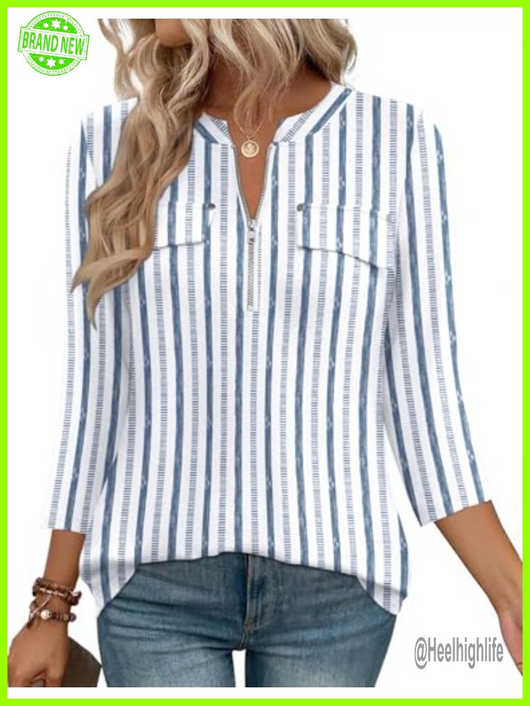 3/4 Length Sleeve Zip Front V-Neck Tunic Blouse Business Casual